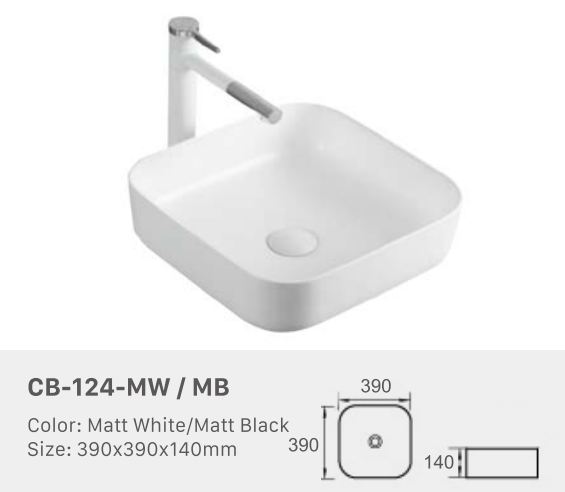 Modern Rectangular Countertop Ceramic Basin – Premium Matt Finish with Tap Hole 390mmx390mmx140mm
