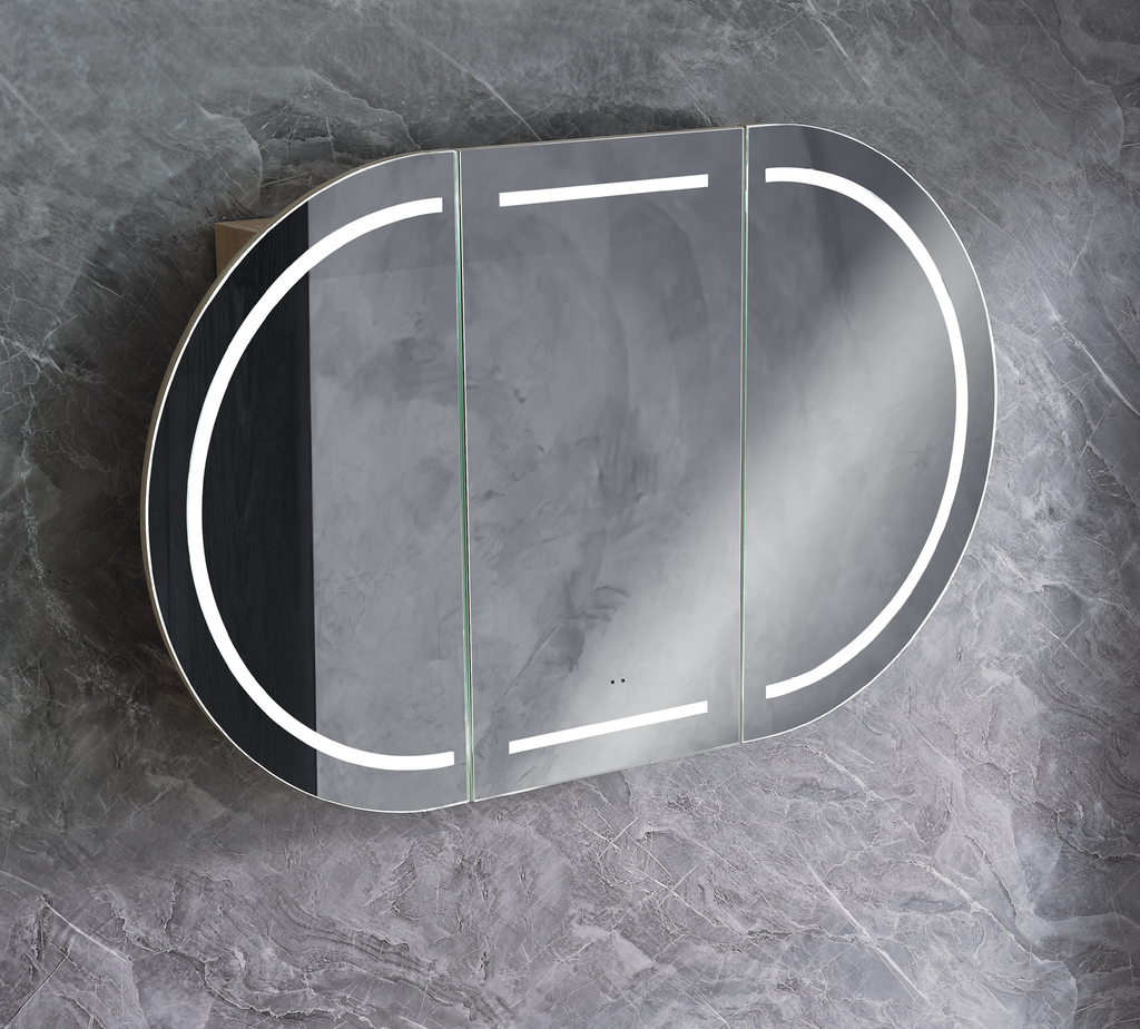 900mm Amber LED Shaving Cabinet with Mirror – Oval Butterfly Design in Matt White or Natural Timber