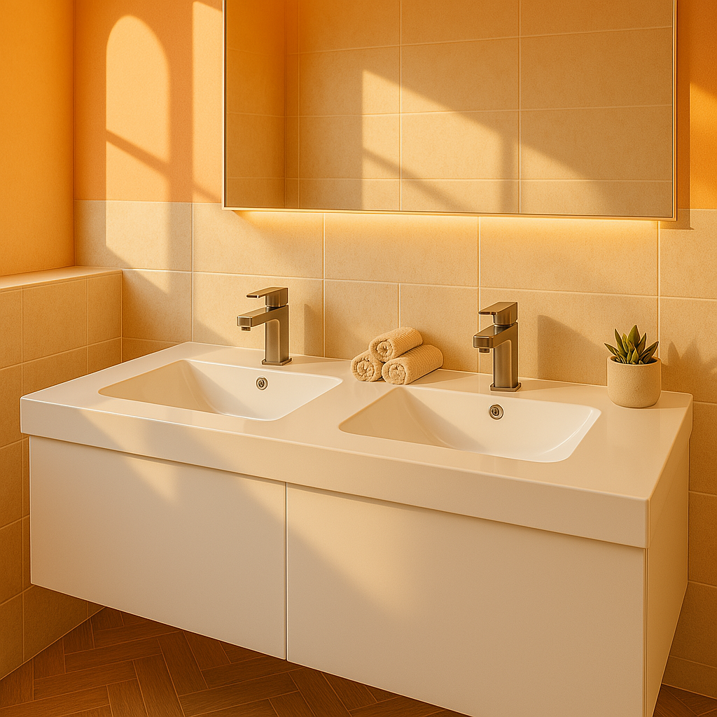 1200mm Double Bowl Vanity Top – Twin Ceramic Basins with Tap Holes