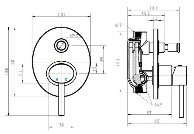 Oval Wall Mixer with Diverter 35mm cartridge