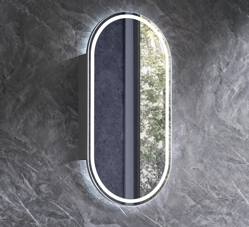 450mm LED Krystal Oval Edge Shaving Cabinet – Natural Timber or Matt White Finish