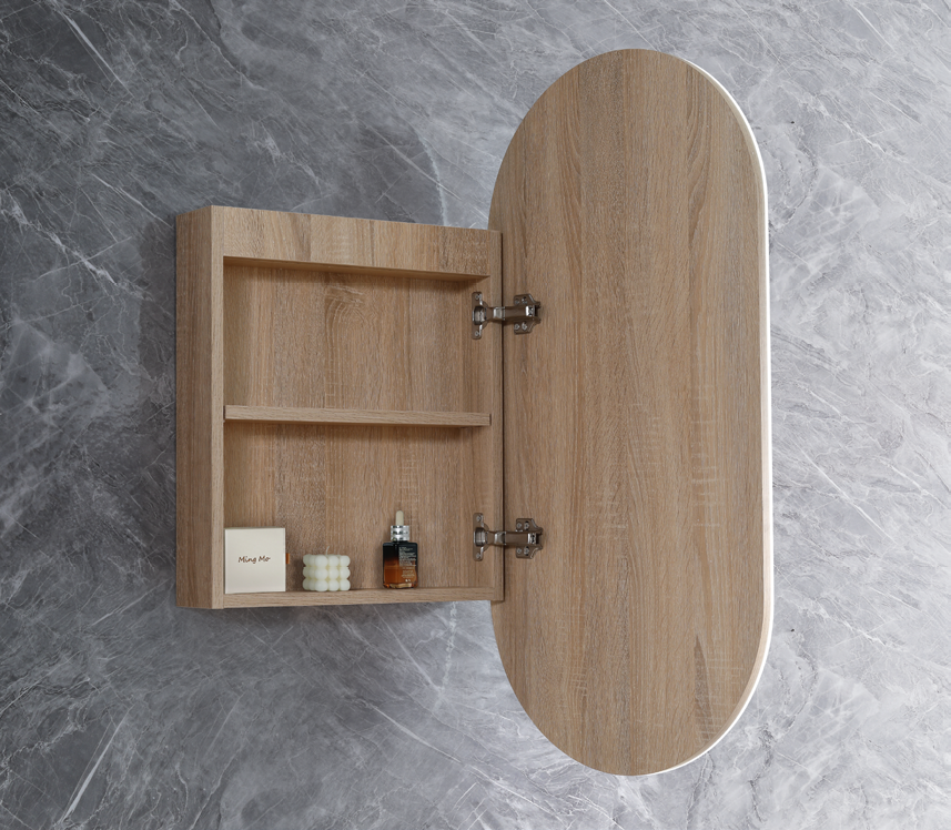 450mm LED Krystal Oval Edge Shaving Cabinet – Natural Timber or Matt White Finish