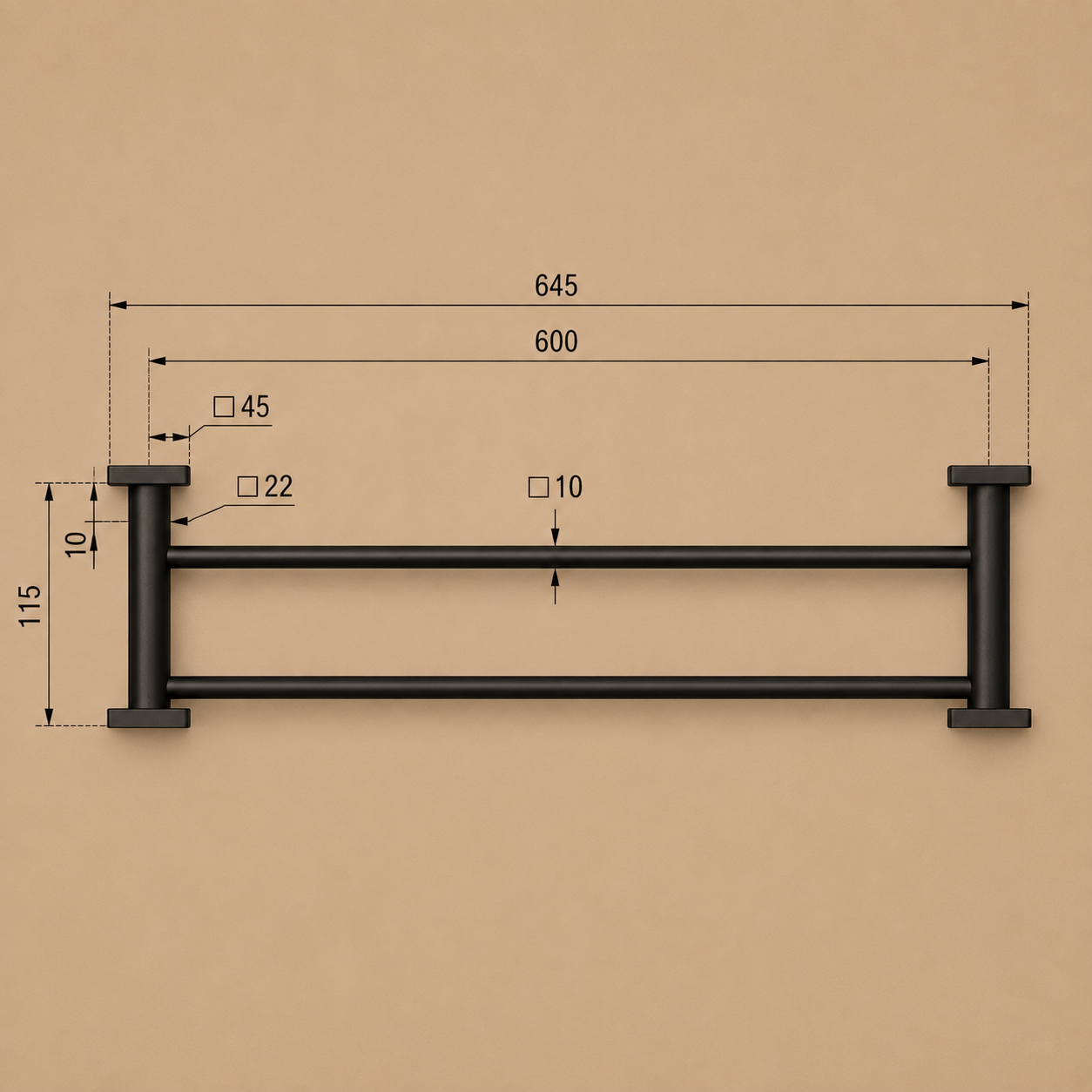 Black Square Double Towel Rail