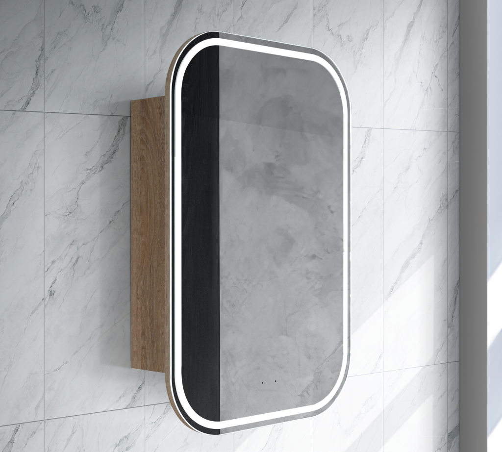 600mm Eric Round Corner LED Shaving Cabinet – Soft Close Mirror Door