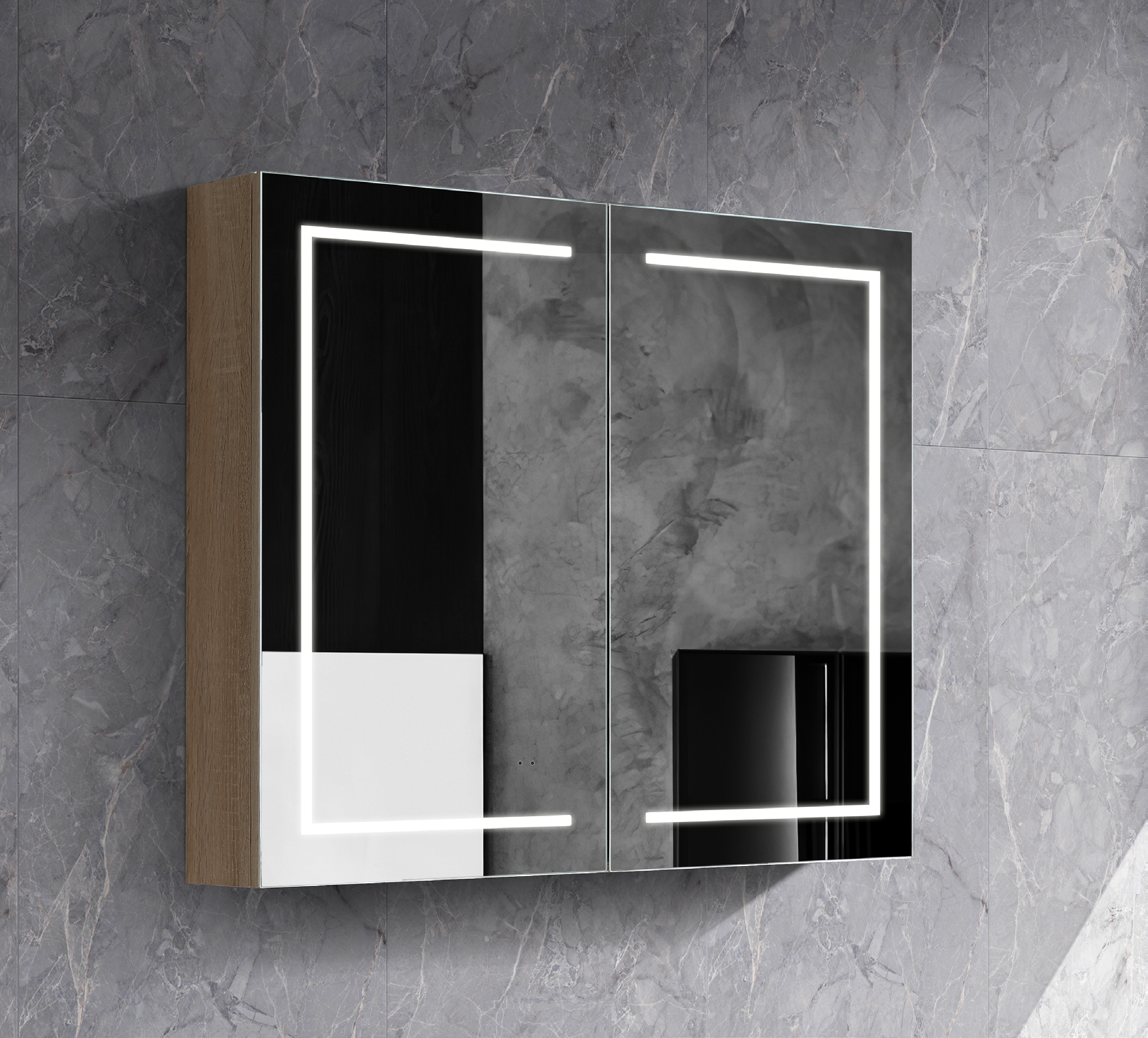 900mm Brighton LED Shaving Cabinet – Pencil Edge Mirror with Butterfly Doors in Natural Timber or Matt White