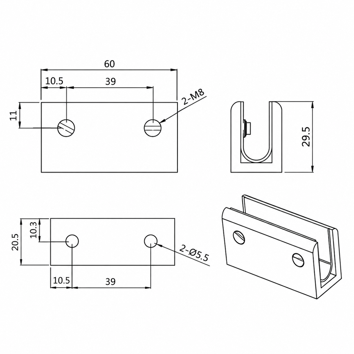 Cordoba Gunmetal Shower Glass Clamp