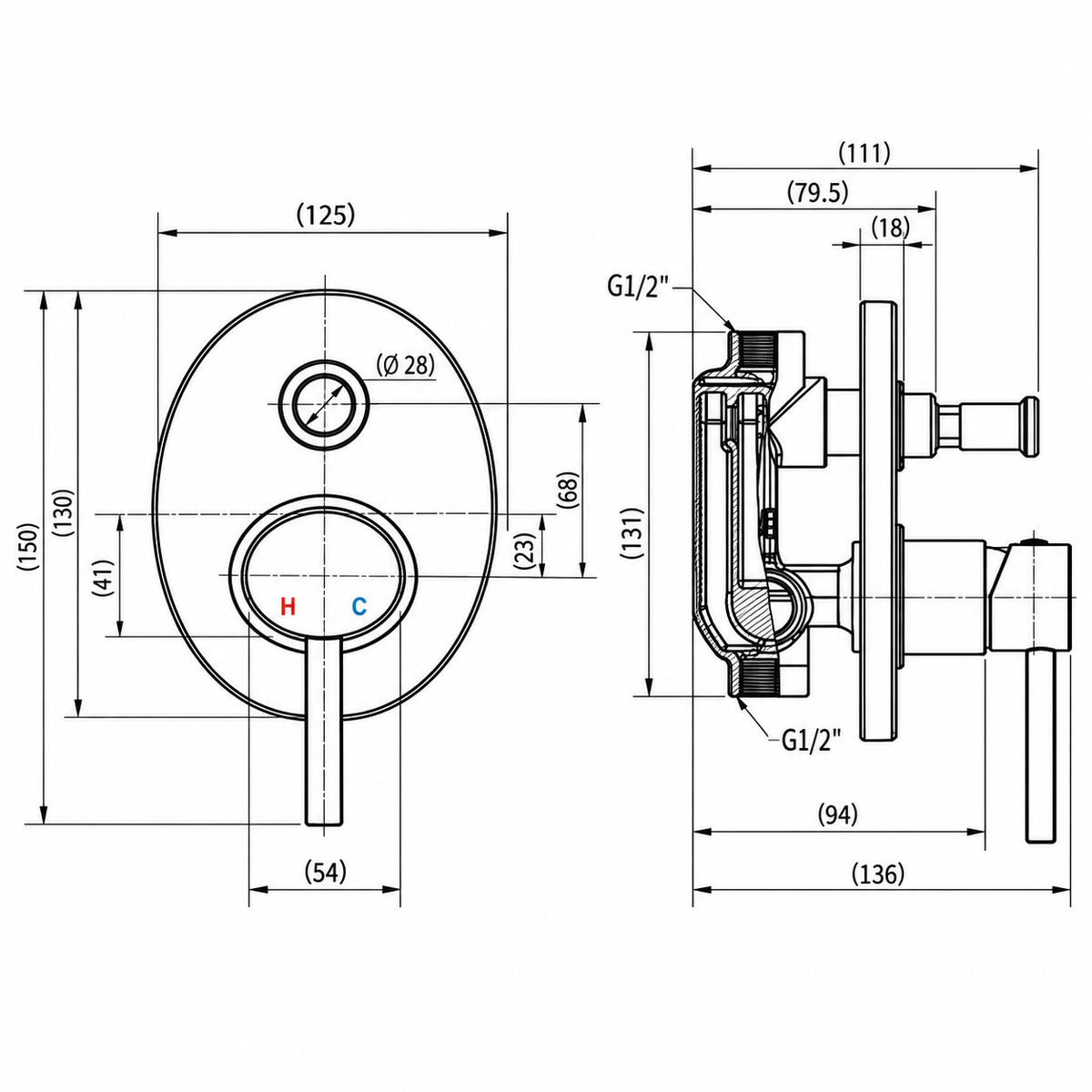 Oval Wall Mixer with Diverter 35mm cartridge
