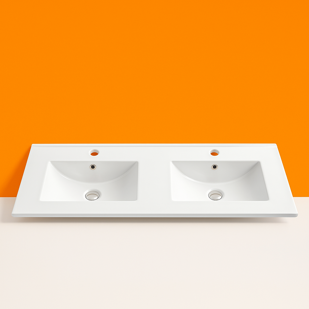 Double Bowl Ceramic Vanity Basin – 1200mm Slimline Top with 1 Tap Hole Per Bowl 1200mmx460mmx200mm