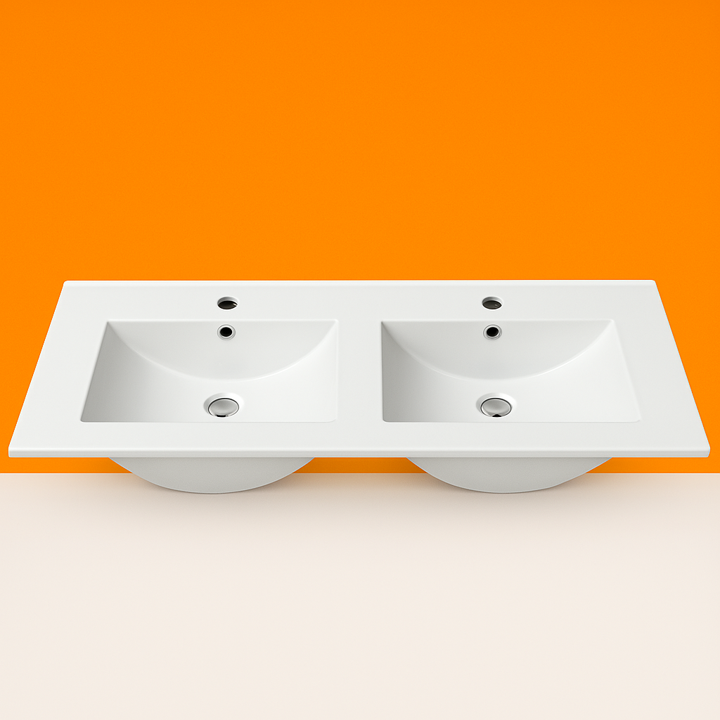 Double Bowl Ceramic Vanity Basin – Wide with Slimline Top & 1TH Per Bowl 1500mmx460mmx200mm