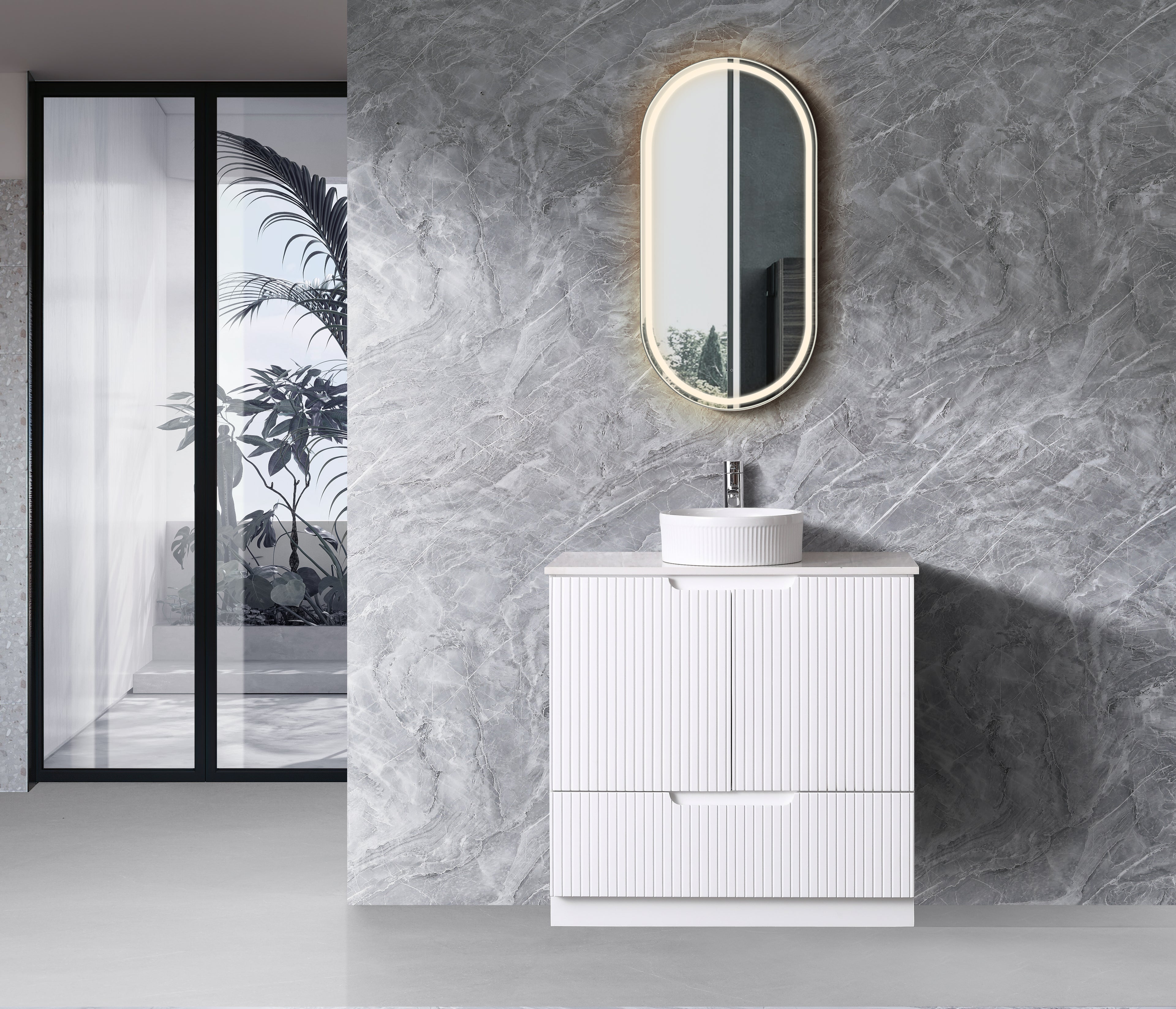 Duplex 855mm Floor Standing Vanity 900mm– Grooved Panel with Soft Closing Drawers