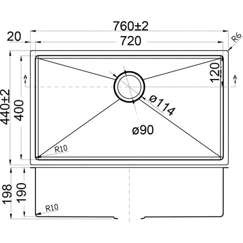 EDENA Single Bowl Above/Undermount Sink – 760 × 440 × 190 mm