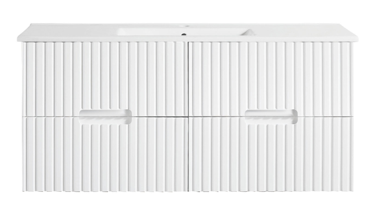 Elena 460mm Wall Hung Vanity 1200mm– Grooved Panel Design in Antica Timber, Matt White & Matt Black