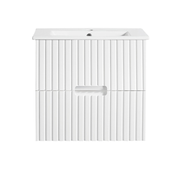 Elena 460mm Wall Hung Vanity 600mm– Grooved Panel Design in Antica Timber, Matt White & Matt Black