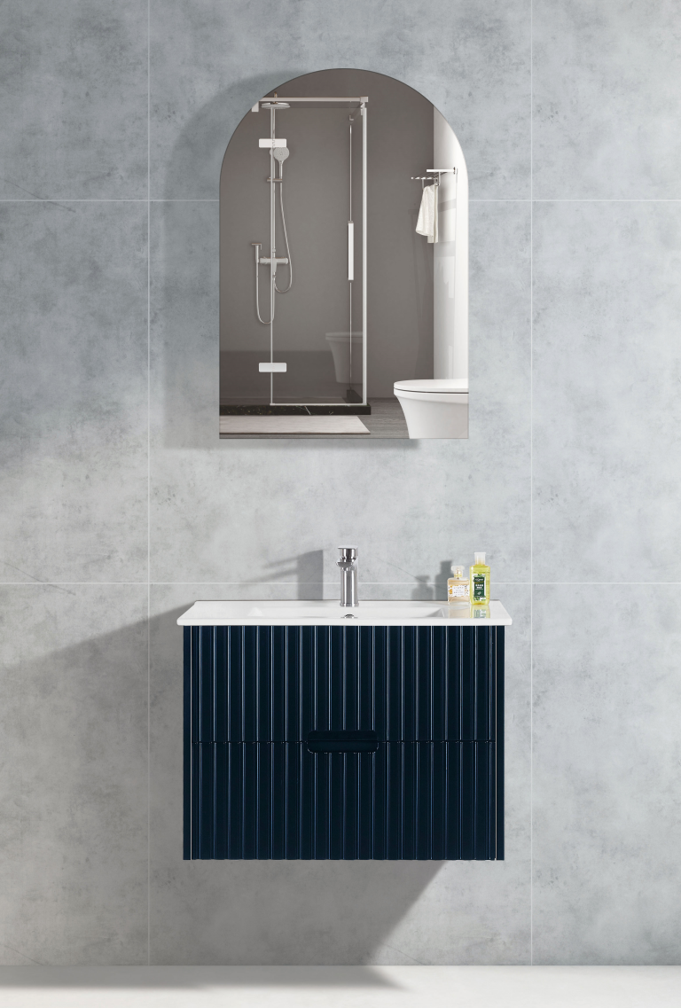 Elena 460mm Wall Hung Vanity 600mm– Grooved Panel Design in Antica Timber, Matt White & Matt Black