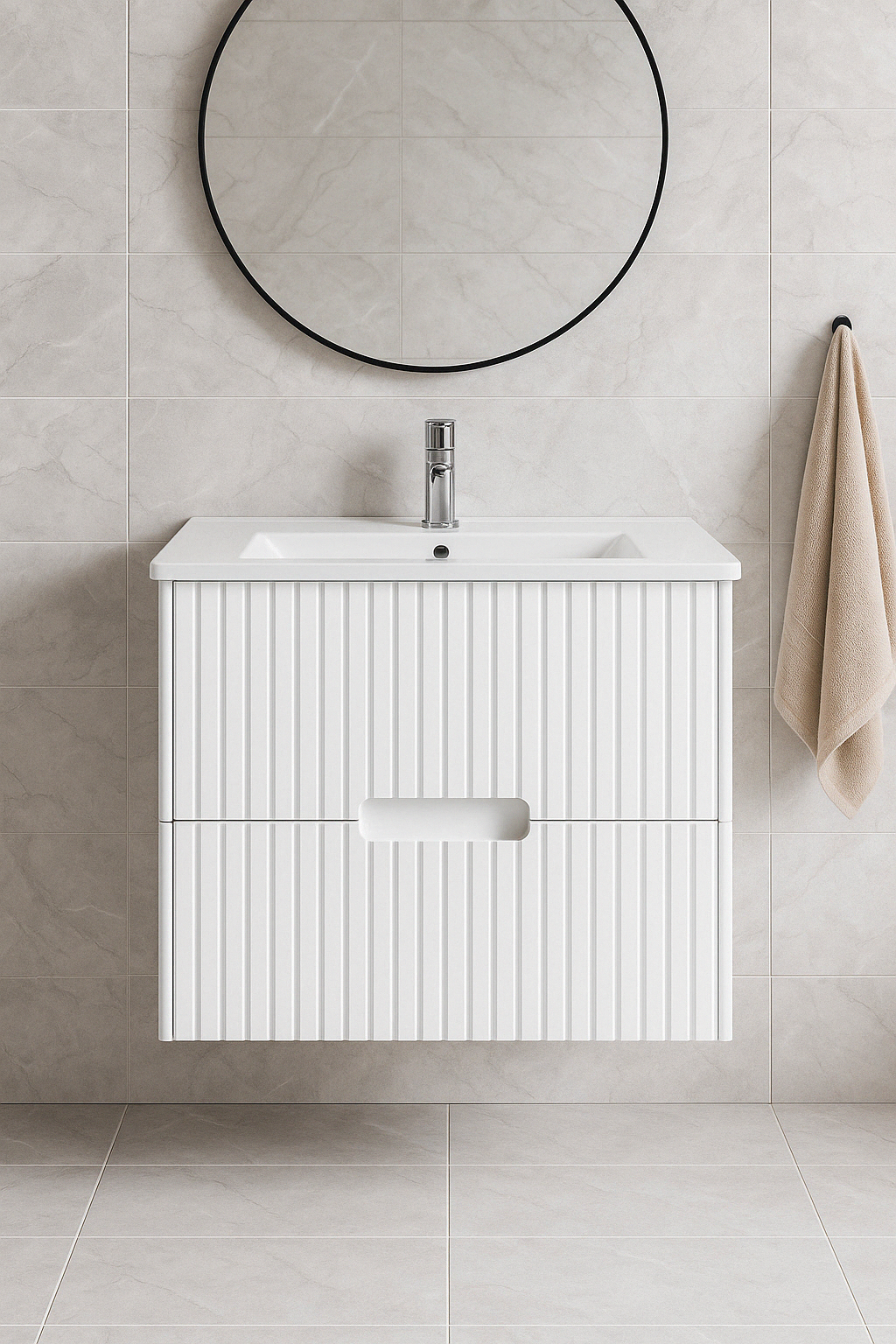 Elena 460mm Wall Hung Vanity 750mm– Grooved Panel Design in Antica Timber, Matt White & Matt Black