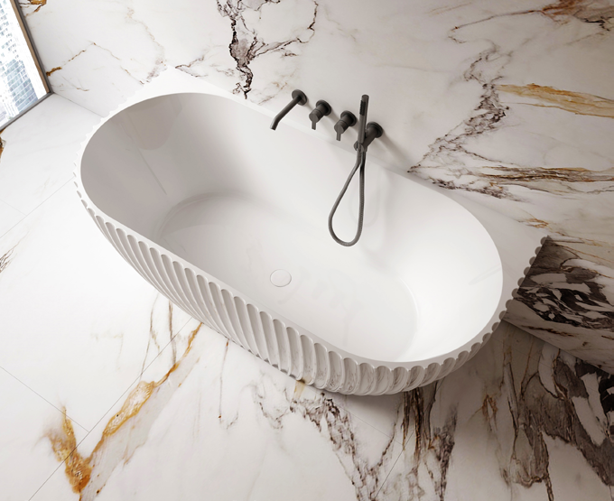 LAMONT-150 Matte White Freestanding Back to Wall Bath – 1500mm Fluted Oval Design