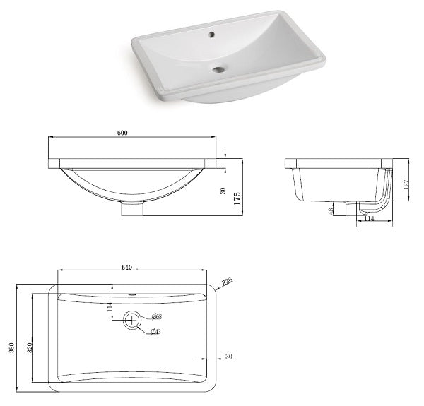 Under Counter Basin 600 x 380 x 170