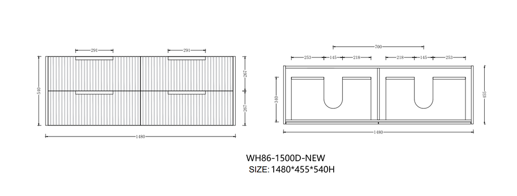 Elena 460mm Wall Hung Vanity 1500mm DB– Grooved Panel Design in Antica Timber, Matt White & Matt Black