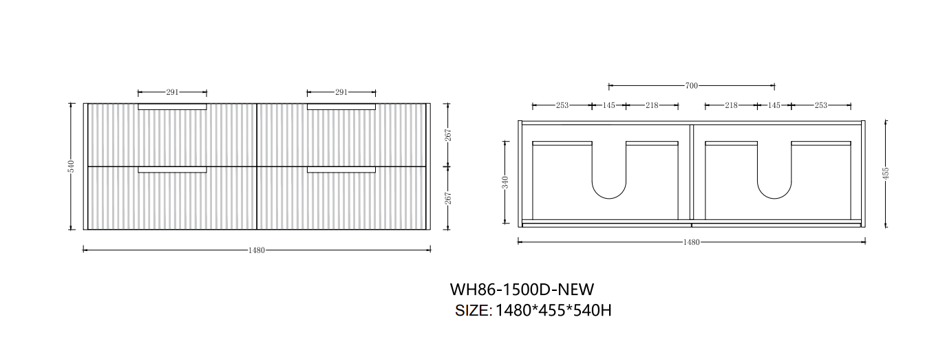 Elena 460mm Wall Hung Vanity 1500mm DB– Grooved Panel Design in Antica Timber, Matt White & Matt Black
