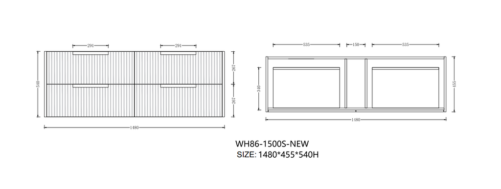 Elena 460mm Wall Hung Vanity 1500mm– Grooved Panel Design in Antica Timber, Matt White & Matt Black