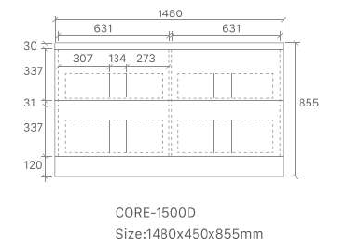 Core 1500DW Freestanding Vanity 460mm – Gloss White Finish with Soft Close Drawers