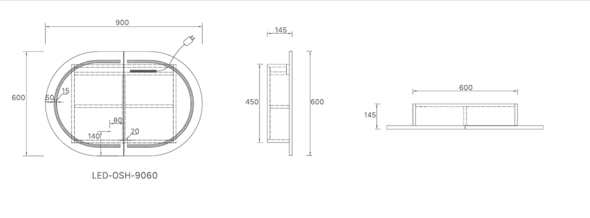 900mm Amber LED Shaving Cabinet with Mirror – Oval Butterfly Design in Matt White or Natural Timber