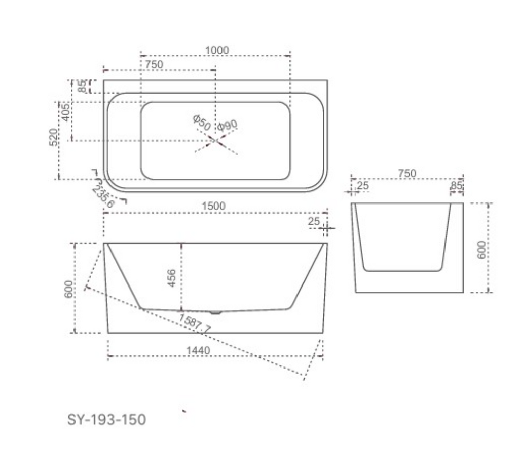 HELIX-150 Back to Wall Freestanding Bath – 1500mm Gloss White Acrylic Tub