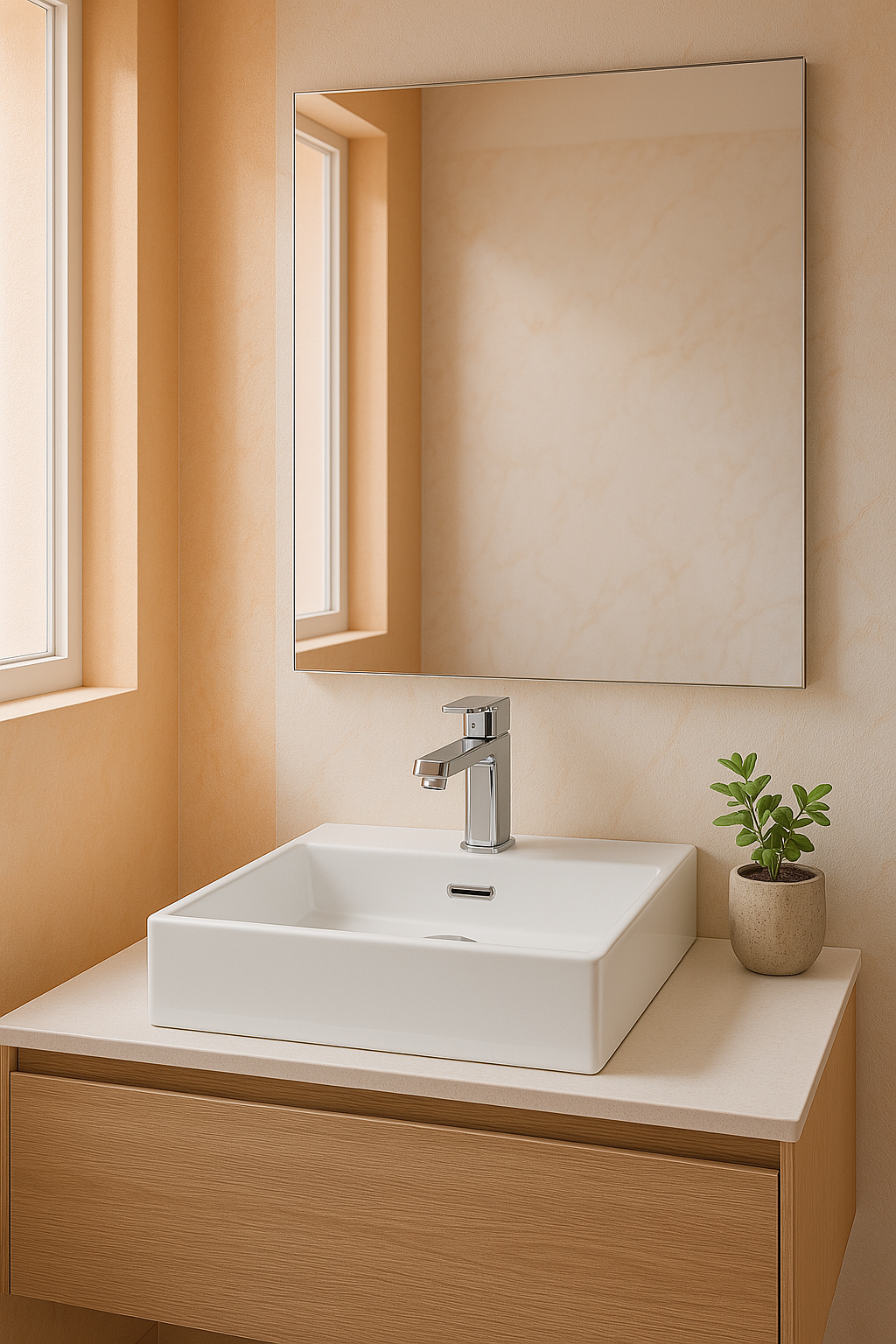 Square Ceramic Basin – Under Mount Basin Above Counter with 3 Tap Holes & Overflow440mmx440mmx100mm