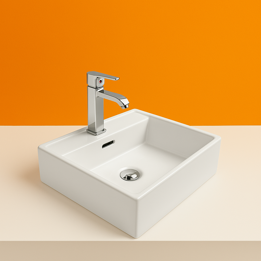Square Ceramic Basin – Under Mount Basin Above Counter with 3 Tap Holes & Overflow440mmx440mmx100mm