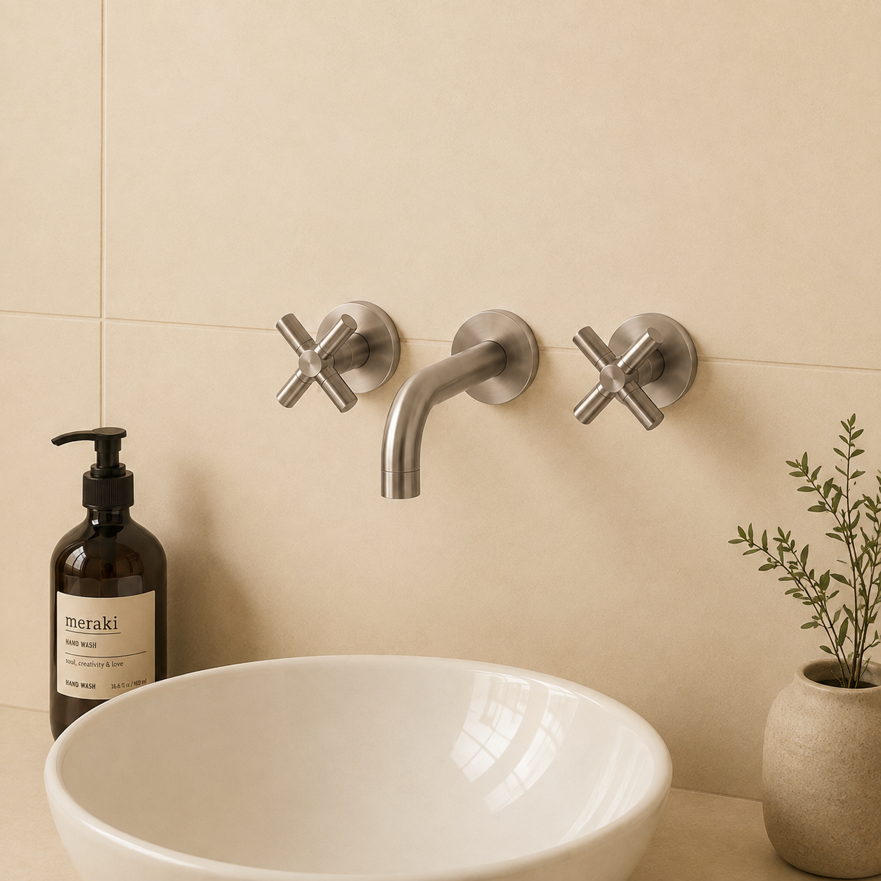 Valencia Brushed Nickel Cross Handle Taps