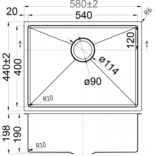 EDENA Single Bowl Above/Undermount Sink – 580 x 440 x 190mm