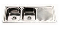 Square Corner Sink BE-118 with double bowl design and polished stainless steel finish.